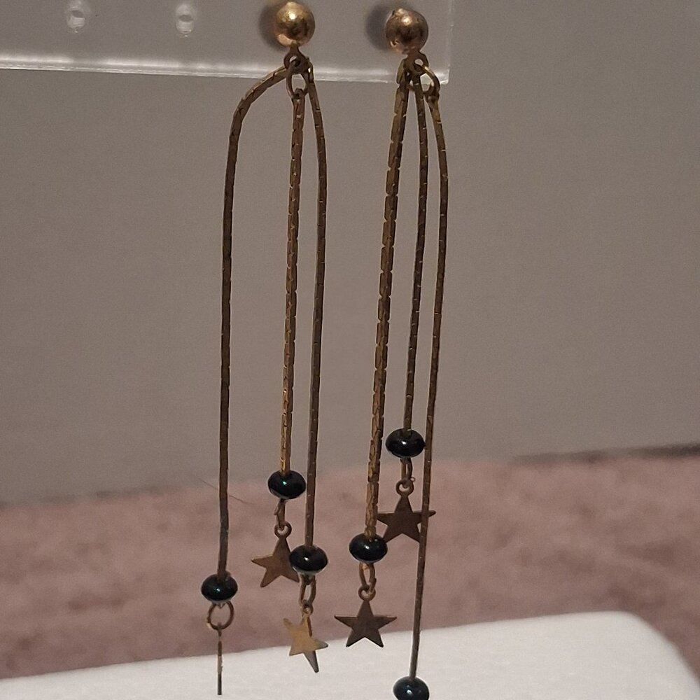 Vintage Multiple Strand Dangle Earrings with Star Charms & Black Beads